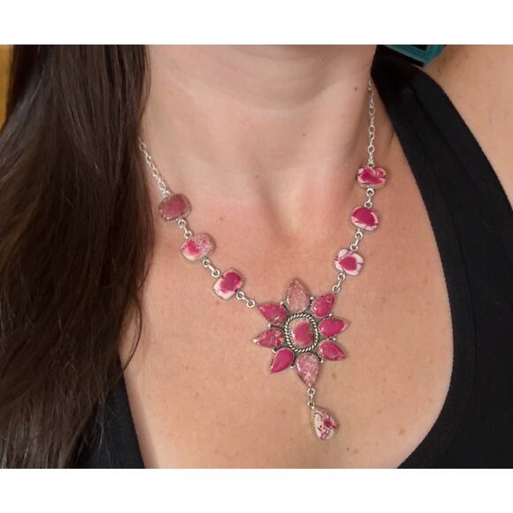 Native American SW Sterling Silver Pink Red Jasper Huge Cluster Necklace Lariat - Picture 6 of 16